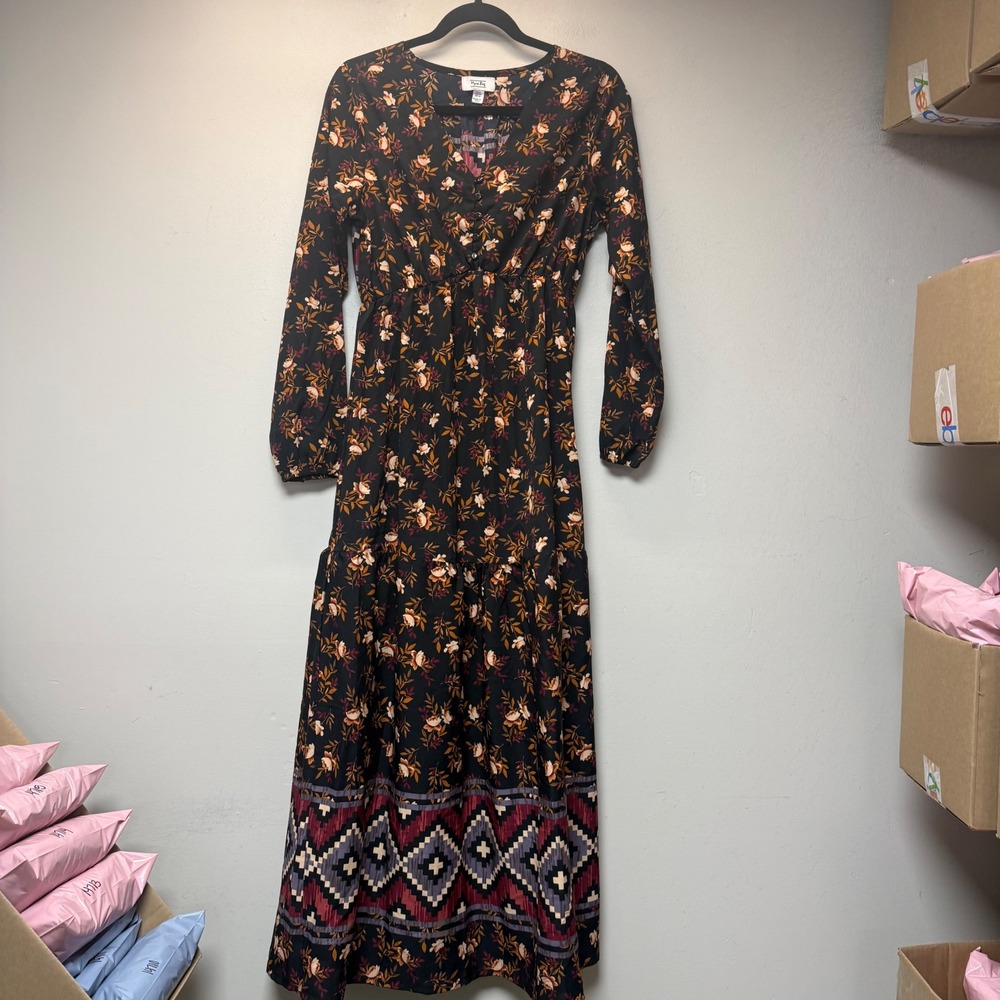 Myra Bag Maxi Dress Womens Medium Black Floral Geometric Tiered Boho Excellent